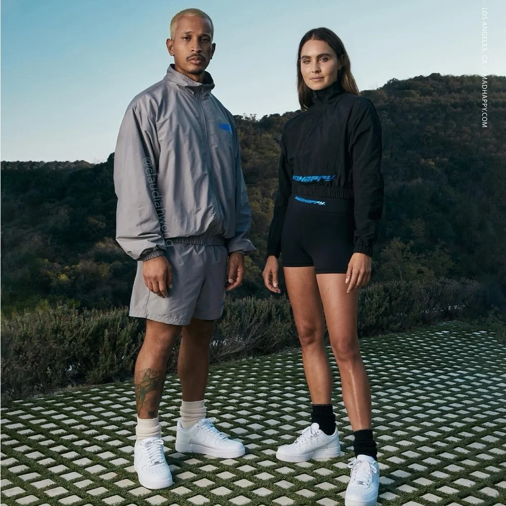 MADHAPPY Athletics Nylon Warm Up Graphic Bomber Jacket in Grey